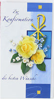 Glückwunschkarte zur Konfirmation mit Blumenmotiv, Rosen gelb, mit blauen Hintergrund