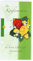 Glückwunschkarte zur Konfirmation mit Blumenmotiv, Rosen rot/gelb mit grünen Hintergrund