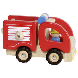 Goki Feuerwehrauto aus Holz mit Fahrer (gelber Hut, blaues Shirt), Auto: rot, natur, blau