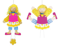 Goki Hampelfigur "Mädchen" aus Holz 53044 in den Farben: gelb, pink,blau, weiß