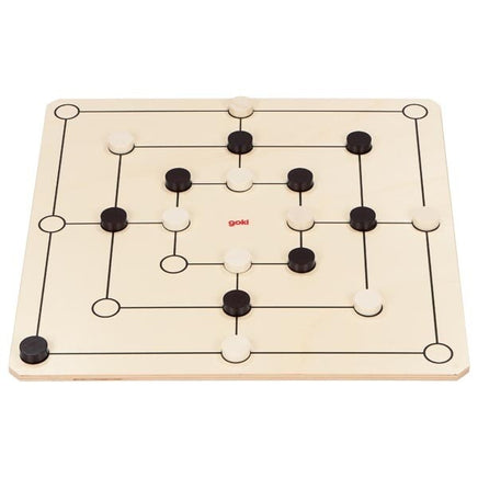 Goki XXL Dame Mühle Spiel 2-seitig aus Holz, Beispiel Mühle