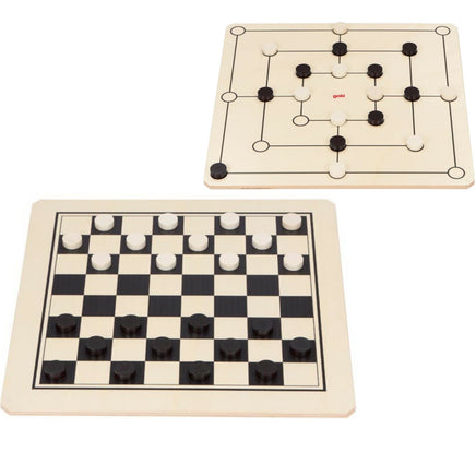 Goki XXL Dame Mühle Spiel 2-seitig aus Holz, Spielfiguren natur & schwarz