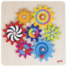 Goki Zahnradspiel aus Holz für Kinder, 7 Zahnräder, farbenfroh gestaltet