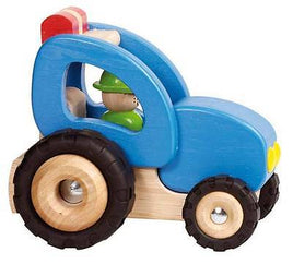 Goki blauer Traktor aus Holz mit Fahrer (grüne Anziehsachen)