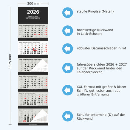 Großer 6-Monatskalender 2026 schwarz in Detailansicht