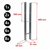 H-Anker 91x 600 mm feuerverzinkt für 9cm Pfosten mit Maßen