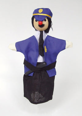 Handpuppe "Polizist" für Puppentheater 28 cm, blau-schwarz gekleidet mit Hut, Holzkugelkopf mit Wollhaaren und roter Perlennase