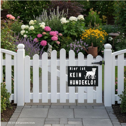 Hinweisschild "Hier ist kein Hundeklo" A4 Beispielbild Anbringung Gartenzaun