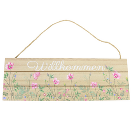 Holz Türschild mit floralem Muster und Schriftzug Willkommen