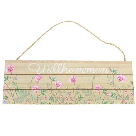 Holz Türschild mit floralem Muster und Schriftzug Willkommen