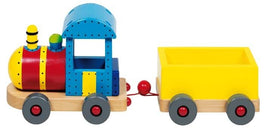 Holzeisenbahn "CANYON" mit Anhänger 37 cm, rot-gelb-blau-natur gestaltet