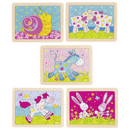Holzpuzzle "Susibelle" 24-tlg. , 19 x 14,5 cm,farbenfroh gestaltet, verschiedene Motive: Schnecke, Schaf, Esel, Pferd, Hase