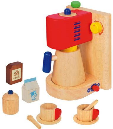 I´m Toy Kaffeemaschine aus Holz für Kinderküche, mit Zubehör aus Holz: Milch, Kaffee, Zuckerbehälter, 2 Löffel, 2 Untertassen, 2 Tassen
