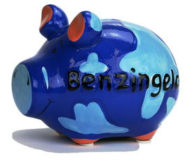KCG Sparschwein mit Schriftzug "Benzingeld", 12,5cm, dunkelblau mit hellblauen "Klecksen"