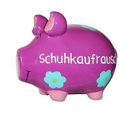 KCG Sparschwein mit Schriftzug "Schuhkaufrausch" ,17 cm, in pink mit türkisen Blumen