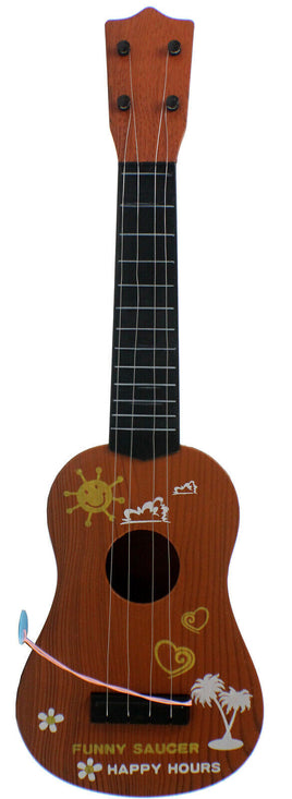 Kinder Ukulele  4 Saiten verschiedene Farben, braun mit Verzierungen: Sonne, Blumen, Herzen, Palmen