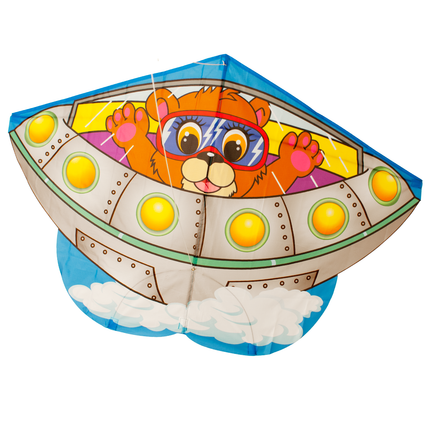 Kinderdrachen "Bärchen im UFO" mit Schutzbrille und hochgestreckten Pfoten
