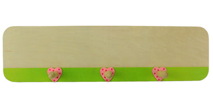 Kindergarderobe zum Selbstgestalten, hellgrüner Streifen mit rosa Herzen Details an Aufhängung