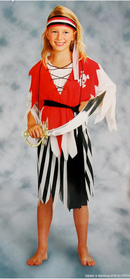 Kinderkostüm Fasching Pirat(in) S (4-6 Jahre), rotes Shirt mit schwarzen Gürtel, weiß-schwarz gestreifter Rock, weiß-rot-schwarzes Haarband