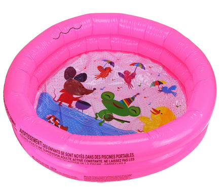 Kinderplanschbecken Ø 61cm aufblasbar, rosa als Motiv mit musizierenden Tieren: Maus, Frosch, Kücken, im Hintergrund 3 Vögel mit bunten Schirmen
