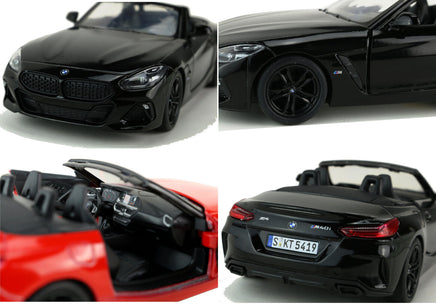 Kinsmart Modellauto BMW Z4 Cabrio 13cm, Detailansichten: schwarze Felgen, schwarzer ühlergrill, Innenausstattung, Heck mit Modellbezeichnung und Kennzeichen