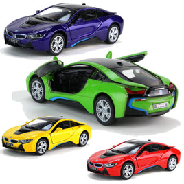 Kinsmart Modellauto BMW i8 Hybrid 13cm, verschiedene Farbvarianten: Lila, Grün, Gelb, Rot, mit Flügeltüren und silberne Felgen