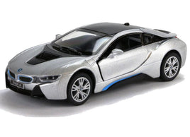 Kinsmart Modellauto BMW i8 silber 13cm, silberne Felgen, schwarzes Dach, hellblaue Kühlerumrandung