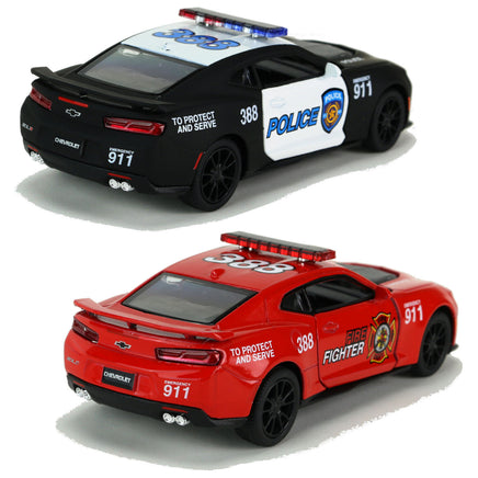 Kinsmart Modellauto Chevrolet Camaro ZL1 Firefighter / Police 13cm, mit Aufschrift und Emergency Call, Schwarz oder Rot, Rückansicht