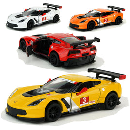 Kinsmart Modellauto Corvette C7.R Race Car 13cm, rote Außenspiegel, schwarze Felgen + Heckspoiler, weißer Sonnenblendstreifen, Farbvarianten: Weiß, Orange, Rot, Gelb