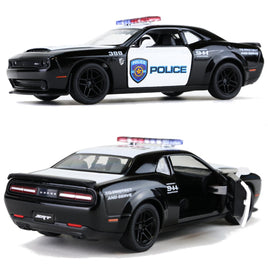 Kinsmart Modellauto Dodge Challenger SRT Demon 170 Polizei 13cm, schwarze Lackierung und Felgen, Motorhaube/Dach/Kofferraum weiß abgesetzt, mit "Police" Schriftzug und Logo sowie Sirenenlichtleiste