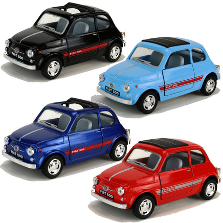 Kinsmart Modellauto Fiat Nuova 500 - 12,5cm, mit Seitenstreifen "Fiat 500", schwarzes Dach, Farbvarianten: Schwarz, Dunkelblau, Hellblau, Rot