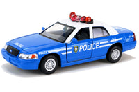 Kinsmart Modellauto Ford Crown Victoria 13cm in Hellblau-Weiß, mit silbernen Felgen, "Police" Logo und Schriftzug, Sirenenlichtleiste, Seitenansicht