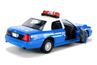 Kinsmart Modellauto Ford Crown Victoria 13cm in Hellblau-Weiß, mit silbernen Felgen, "Police" Logo und Schriftzug, Sirenenlichtleiste, Ansicht geöffnete Beifahrertür
