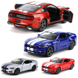Kinsmart Modellauto Ford Mustang GT 2015- 13cm, mit 2 weißen (außer Variante Silber: blau) Streifen von Motorhaube über Dach bis Heck,
Farbvarianten: Metallic Rot, Blau, Silber, Rot 