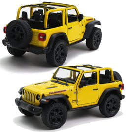 Kinsmart Modellauto Jeep Wrangler 13cm in gelb mit schwarzen Felgen + Ersatzrad, Aufschrift "Rubicon" in Schwarz-Rot