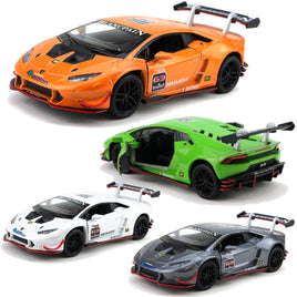 Kinsmart Modellauto Lamborghini LP620-2 Huracan 13cm, schwarze Sonnenblendenfolie + schwarzer Heckspoiler mit weißen Schriftzug "BLANCPAIN", schwarze Felgen, Farbvarianten: Orange, Grün, Weiß, Grau