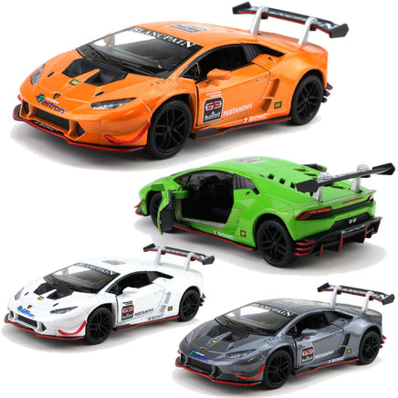 Kinsmart Modellauto Lamborghini LP620-2 Huracan 13cm, schwarze Sonnenblendenfolie + schwarzer Heckspoiler mit weißen Schriftzug "BLANCPAIN", schwarze Felgen, Farbvarianten: Orange, Grün, Weiß, Grau