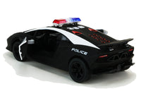 Kinsmart Modellauto Lamborghini Sesto Elemento Polizei 13cm in schwarz-weiß matt, mit "POLICE" Schriftzügen, schwarze Felgen + Heckspoiler, Rückansicht mit geöffneter Tür