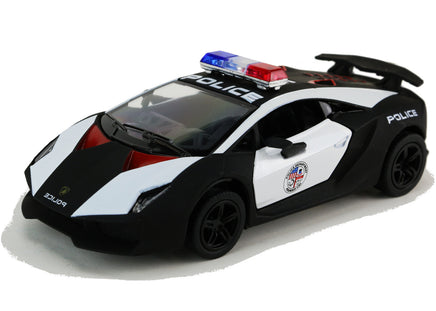 Kinsmart Modellauto Lamborghini Sesto Elemento Polizei 13cm in schwarz-weiß matt, mit "POLICE" Schriftzügen, schwarze Felgen + Heckspoiler, Seitenansicht