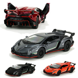 Kinsmart Modellauto Lamborghini Veneno Coupé 13cm, mit Flügeltüren, schwarze Felgen + Heckspoiler, dezenter Seitenstreifen in grün-weiß-rot, Farbvarianten: Weinrot, Grau-Silber, Schwarz-Anthrazit, Orange