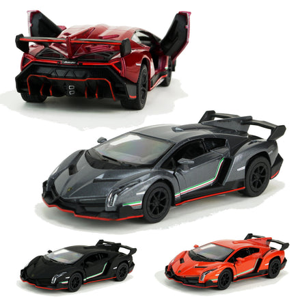 Kinsmart Modellauto Lamborghini Veneno Coupé 13cm, mit Flügeltüren, schwarze Felgen + Heckspoiler, dezenter Seitenstreifen in grün-weiß-rot, Farbvarianten: Weinrot, Grau-Silber, Schwarz-Anthrazit, Orange