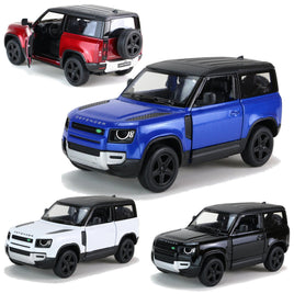 Kinsmart Modellauto Land Rover Defender 13cm, mit schwarzen Dach, Felgen + Ersatzrad, Schriftzug "DEFENDER" auf Motorhaube, Farbvarianten: Weinrot, Blau, Schwarz, Weiß