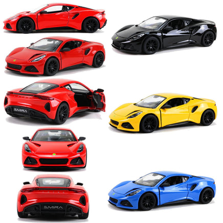Kinsmart Modellauto Lotus Emira Sportwagen 13cm, mit schwarzen Felgen+Außenspiegel,5 Seitenansicht, Farbvarianten: Blau, Gelb, Schwarz, Rot