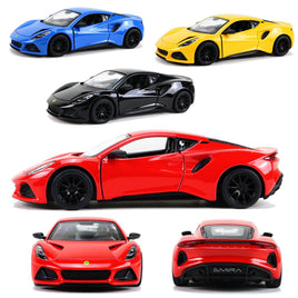 Kinsmart Modellauto Lotus Emira Sportwagen 13cm, mit schwarzen Felgen+Außenspiegel, Farbvarianten: Blau, Gelb, Schwarz, Rot