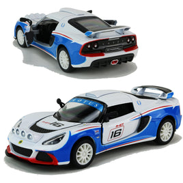 Kinsmart Modellauto Lotus Exige R-GT Rallye Car 2012 - 13cm, in weiß-blau mit roten Akzenten, blaue Sonnenschutzblendenfolie mit weißen Schriftzug "Lotus", weiße Felgen, Heckspoiler, Startnummer 16