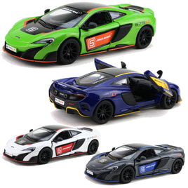 Kinsmart Modellauto McLaren 675LT - 13cm, mit Flügeltüren, schwarze Felgen+ Außenspiegel, schwarzes Dach, mit "Mc Laren" Schriftzug an Tür farbig hinterlegt, Farbvarianten: Grün ,Blau,Weiß,Grau
