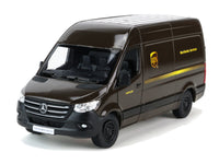 Kinsmart Modellauto Mercedes Benz Sprinter UPS 12,5cm in dunkelbraun, mit UPS-Logo und Schriftzug "Worldwide Services", Frontansicht