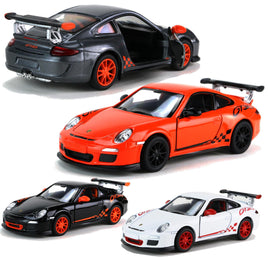 Kinsmart Modellauto Porsche 911 GT3 RS 13cm, mit Felgen, Heckspoiler, "GT3RS" Schriftzug und farbige Akzente, Farbvarianten: Grau-Metallic, Orange, Schwarz, Weiß