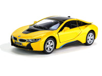 Kinsmart Modellauto BMW i8 Hybrid 13cm,Farbvariante: Gelb, mit Flügeltüren und silberne Felgen, hellblaue Kühlerumrandung, schwarzes Dach