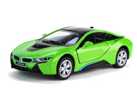 Kinsmart Modellauto BMW i8 Hybrid 13cm,Farbvariante: Grün, mit Flügeltüren und silberne Felgen, hellblaue Kühlerumrandung, schwarzes Dach